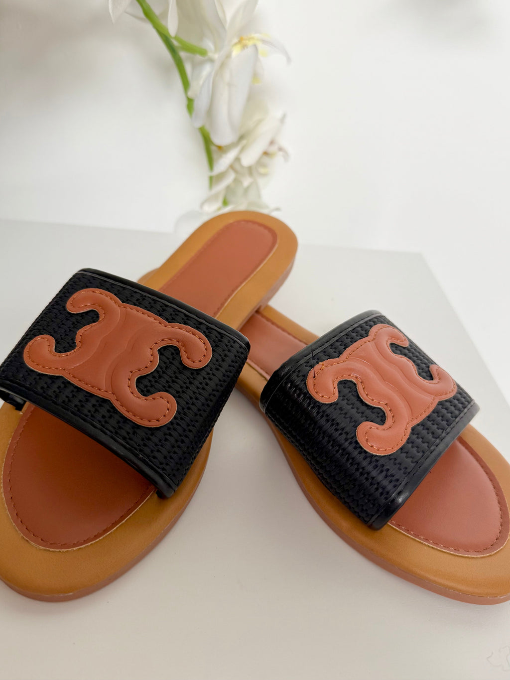 Woven Faux Leather Detail Slider Sandals (3 Colours)