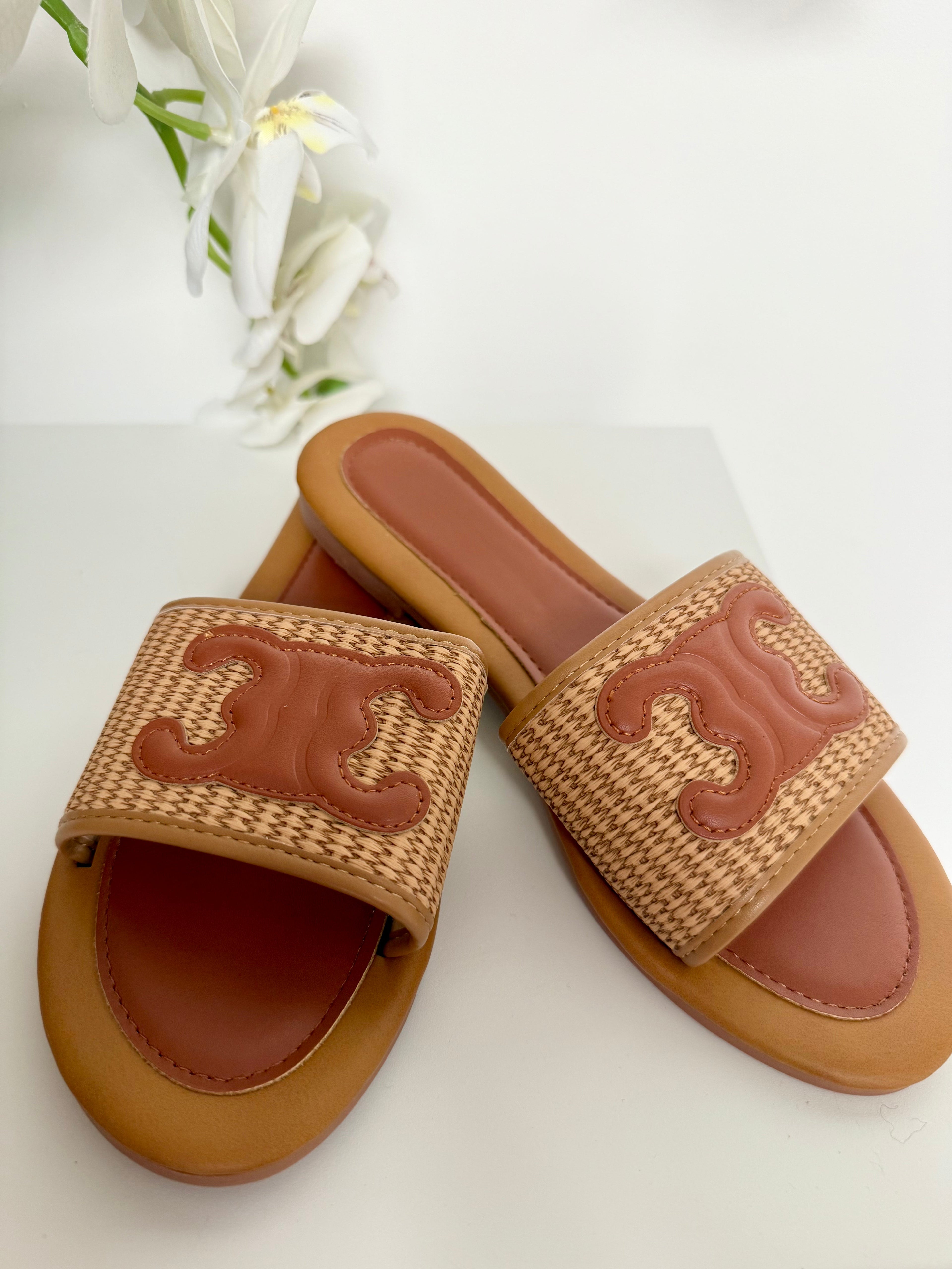 Woven Faux Leather Detail Slider Sandals (3 Colours)