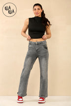 Petite Friendly Viral Stretchy Soft Dad Fit Raw Hem Jeans in Grey