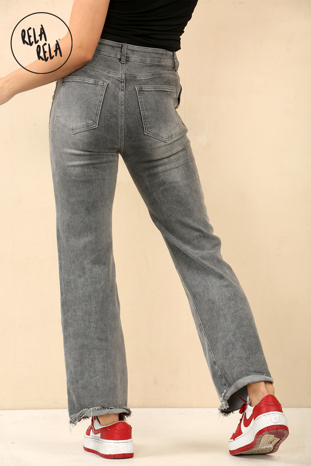 Petite Friendly Viral Stretchy Soft Dad Fit Raw Hem Jeans in Grey