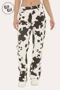 Cow Print Multi Coloured Viral Stretchy Mid-Waist Dad Fit Wide Leg Jeans