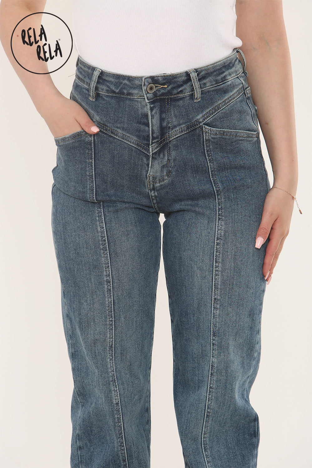 Tummy Control High Waist Seam Detail Jeans in Denim Blue