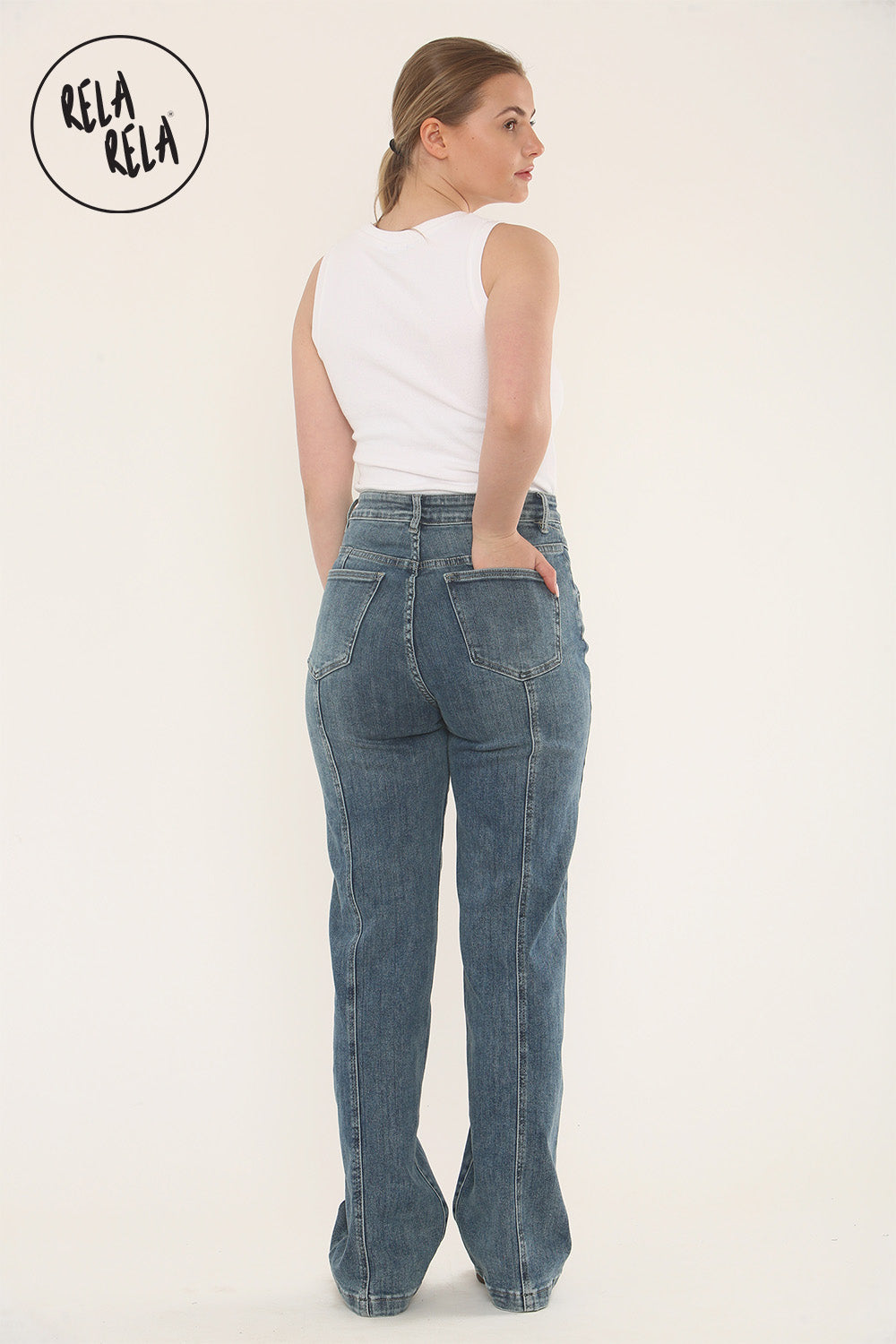 Tummy Control High Waist Seam Detail Jeans in Denim Blue