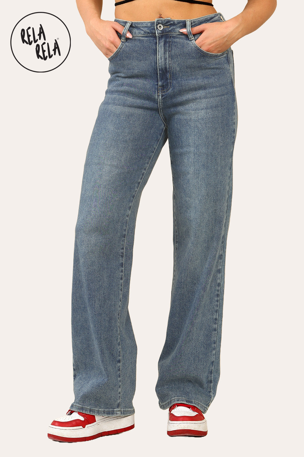 Viral Stretchy Straight Leg Jeans Soft Dad Fit in Denim Blue