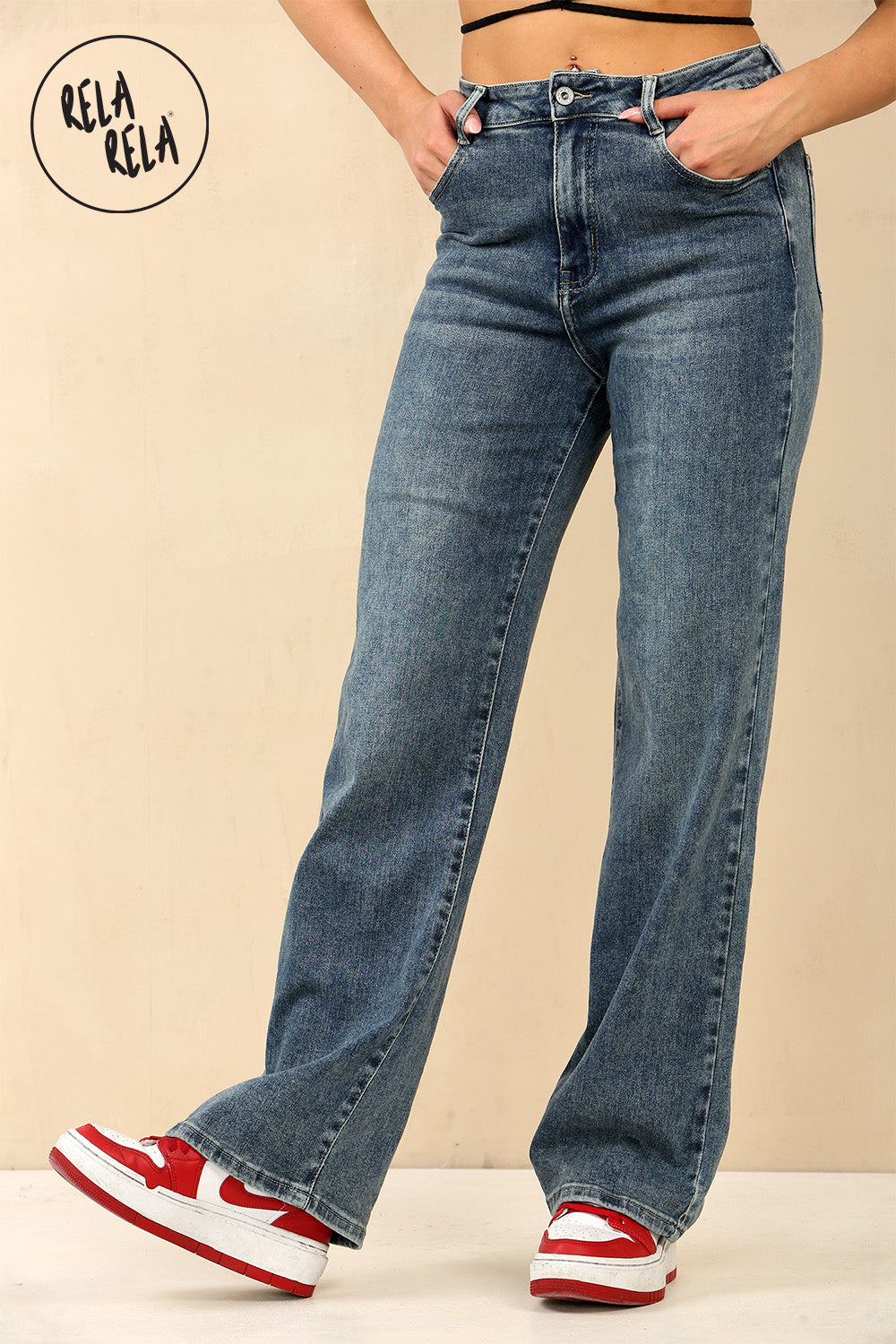 Viral Stretchy Straight Leg Jeans Soft Dad Fit in Denim Blue