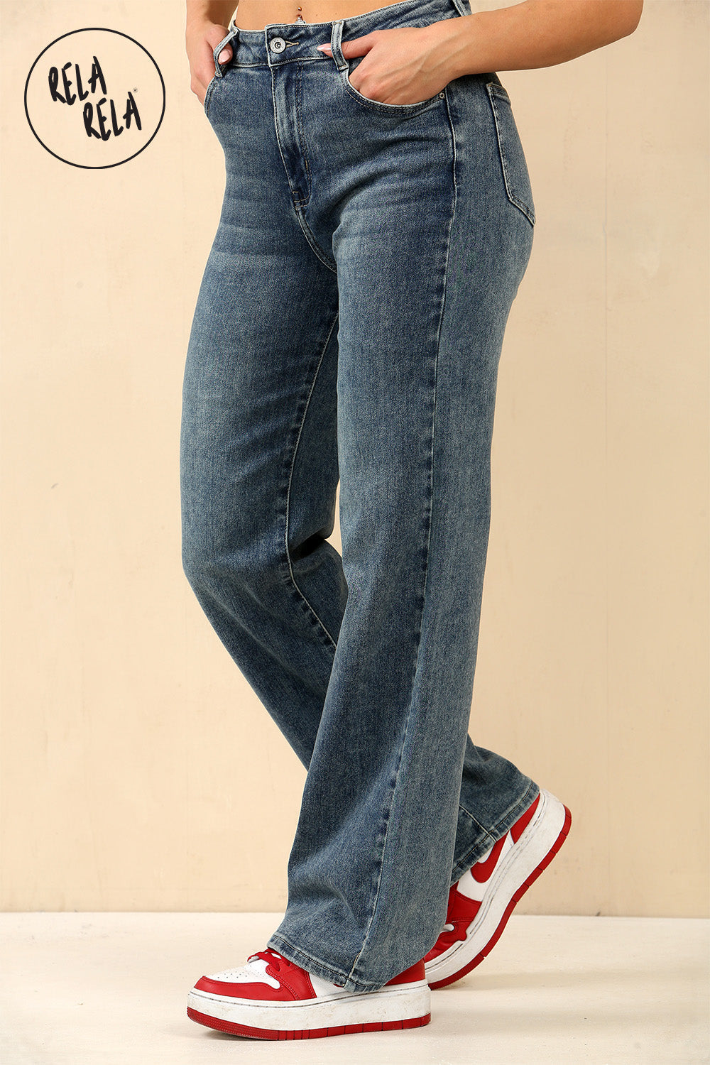 Viral Stretchy Straight Leg Jeans Soft Dad Fit in Denim Blue