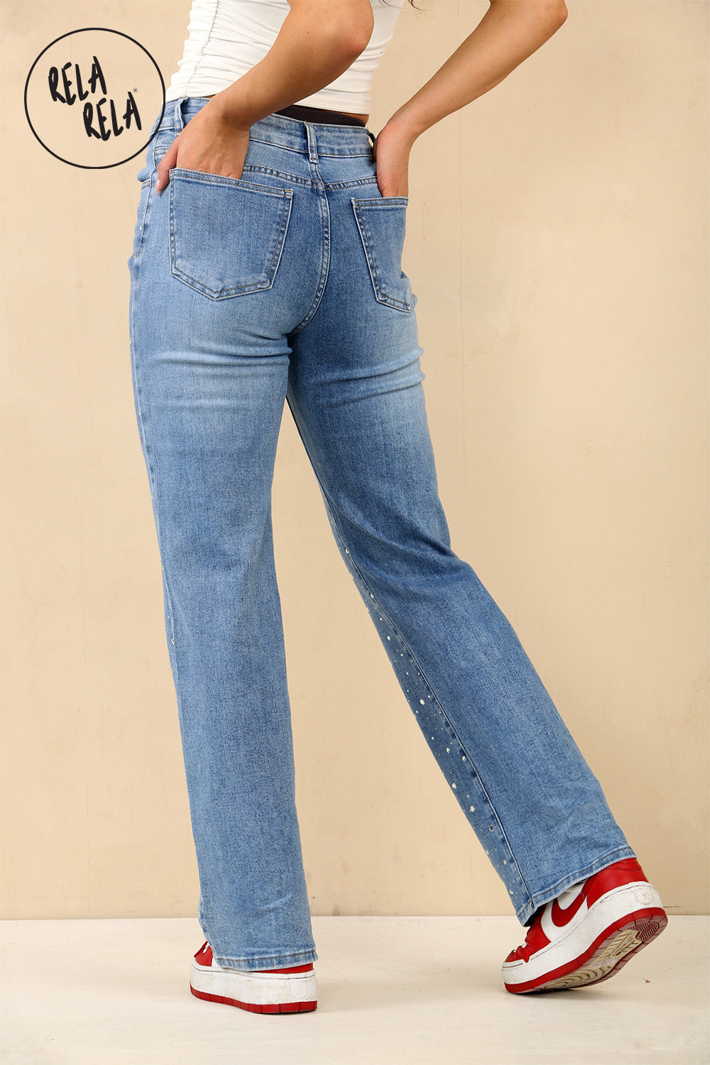 Denim Blue Stretchy Embellished Wide Leg Jeans