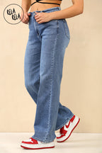 Viral Stretchy Straight Leg Jeans Soft Dad Fit in Indigo Blue