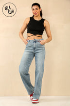 Viral Stretchy Straight Leg Jeans Soft Dad Fit in Vintage Blue