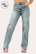 Viral Stretchy Straight Leg Jeans Soft Dad Fit in Vintage Blue