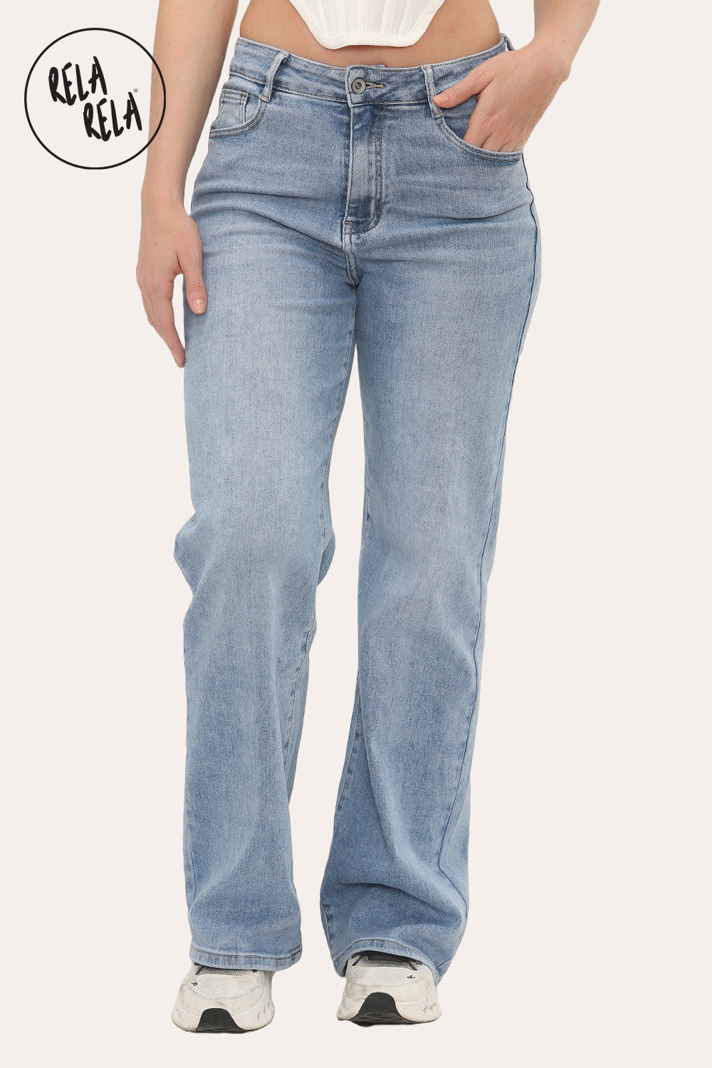 Viral Stretchy Straight Leg Jeans Soft Dad Fit in Mid Blue