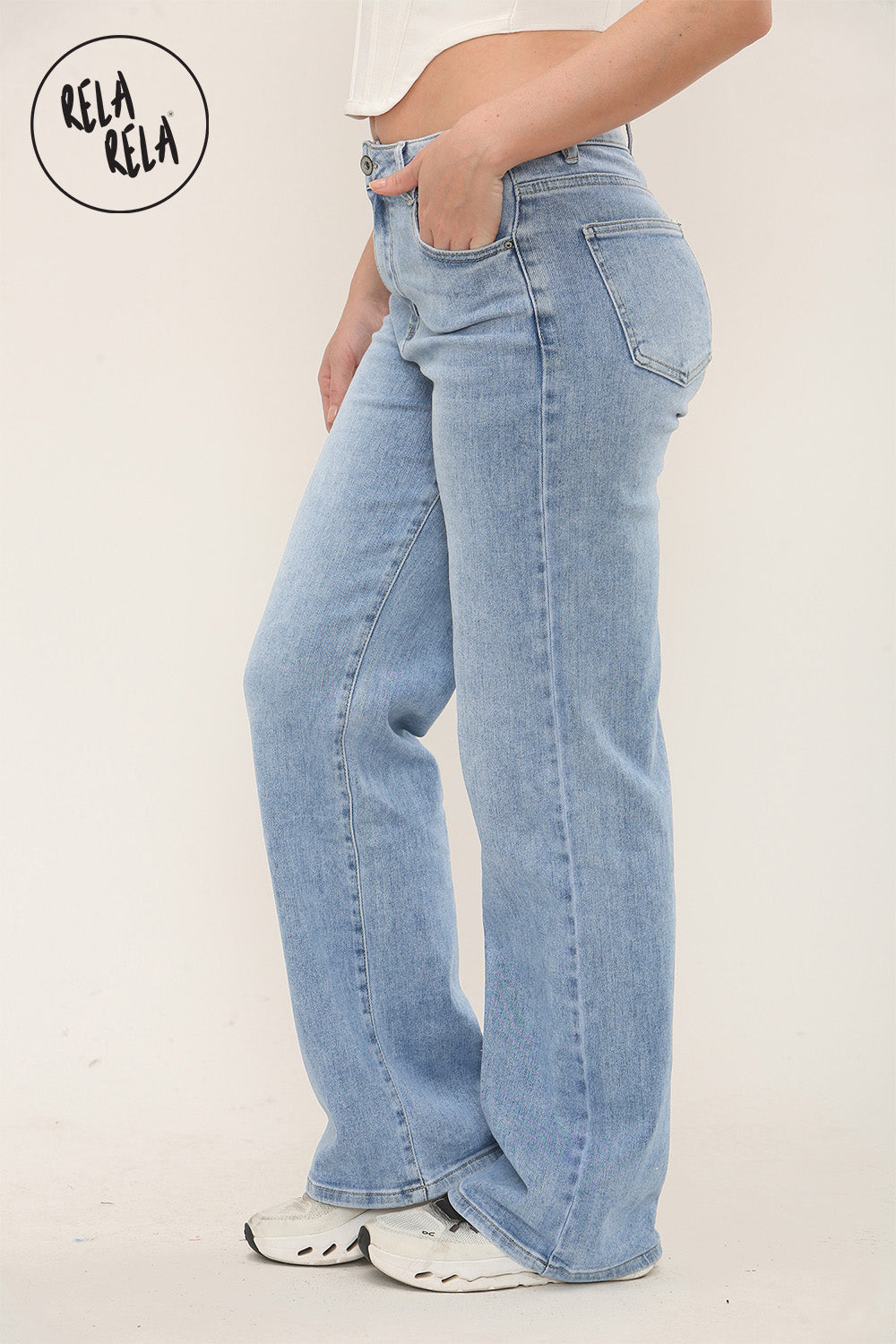 Viral Stretchy Straight Leg Jeans Soft Dad Fit in Mid Blue