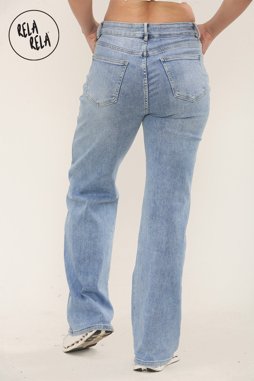 Viral Stretchy Straight Leg Jeans Soft Dad Fit in Mid Blue