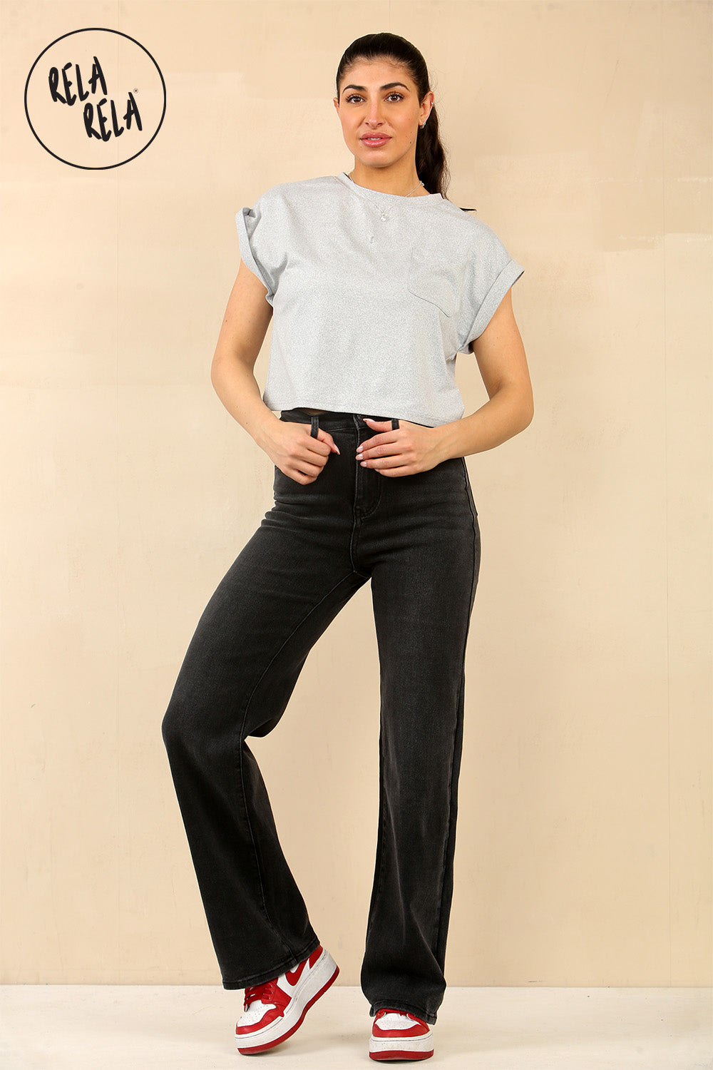 Viral Stretchy Straight Leg Jeans Soft Dad Fit in Charcoal