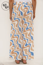 Printed Palazzo Trousers Plisse Baggy Flared Wide Leg Full Length Trousers in Beige