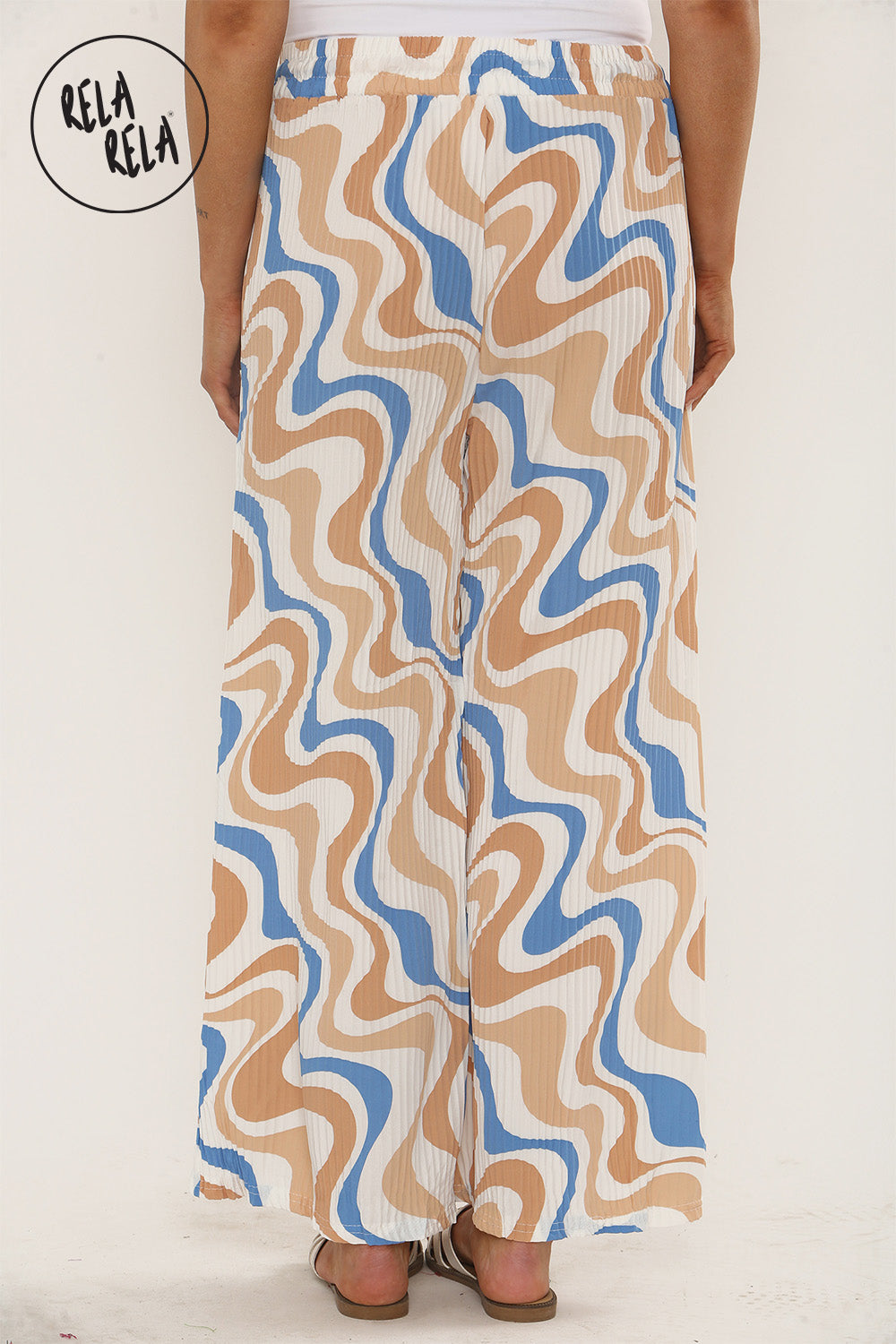 Printed Palazzo Trousers Plisse Baggy Flared Wide Leg Full Length Trousers in Beige