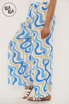 Printed Palazzo Trousers Plisse Baggy Flared Wide Leg Full Length Trousers in Royal Blue