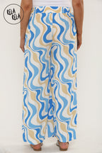 Printed Palazzo Trousers Plisse Baggy Flared Wide Leg Full Length Trousers in Royal Blue