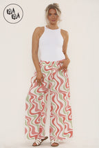 Printed Palazzo Trousers Plisse Baggy Flared Wide Leg Full Length Trousers in Dust Pink