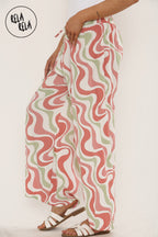 Printed Palazzo Trousers Plisse Baggy Flared Wide Leg Full Length Trousers in Dust Pink
