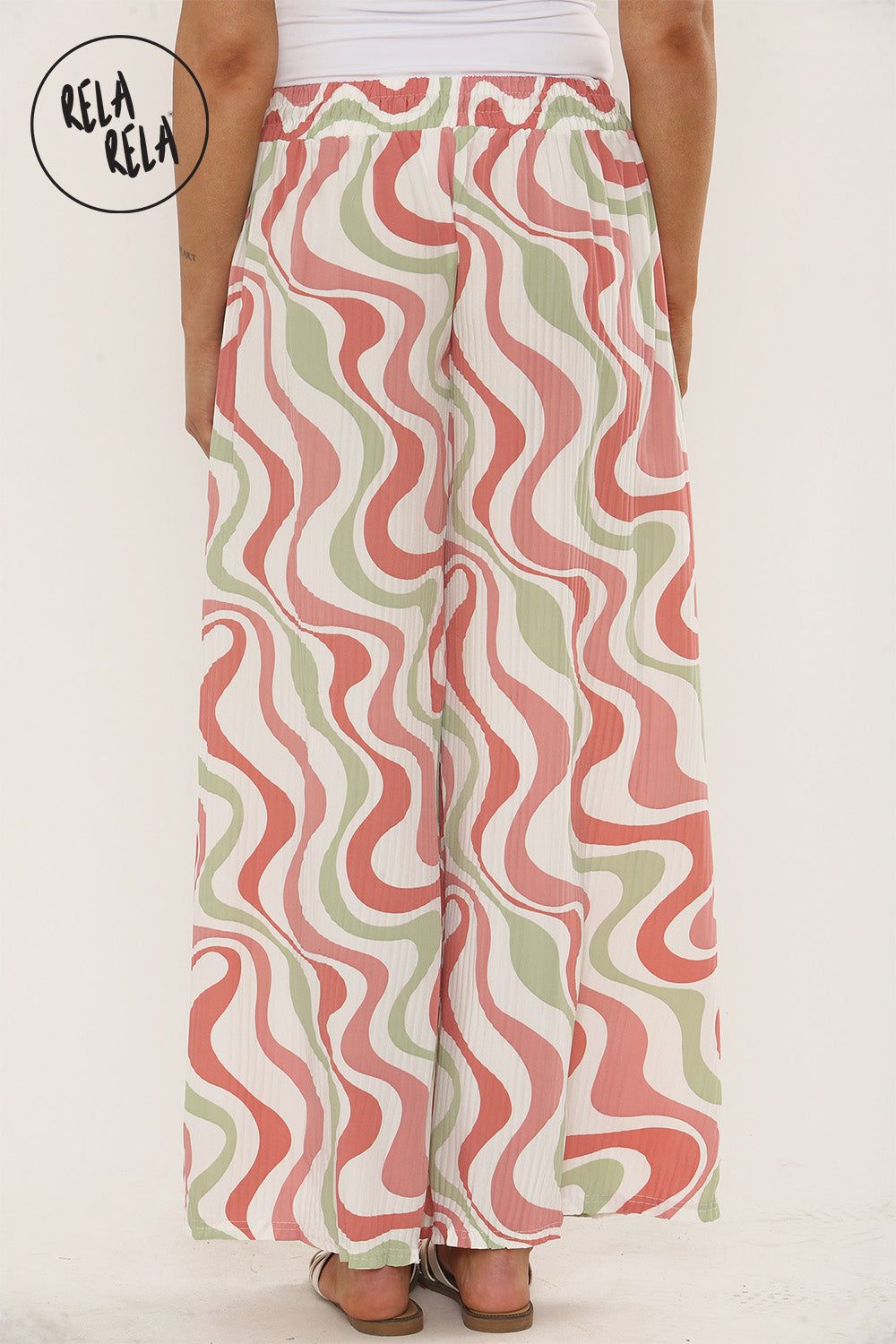 Printed Palazzo Trousers Plisse Baggy Flared Wide Leg Full Length Trousers in Dust Pink