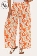 Printed Palazzo Trousers Plisse Baggy Flared Wide Leg Full Length Trousers in Orange