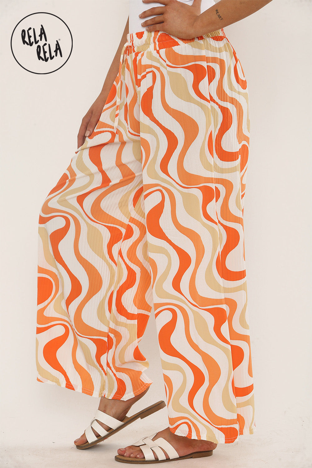 Printed Palazzo Trousers Plisse Baggy Flared Wide Leg Full Length Trousers in Orange
