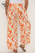 Printed Palazzo Trousers Plisse Baggy Flared Wide Leg Full Length Trousers in Orange