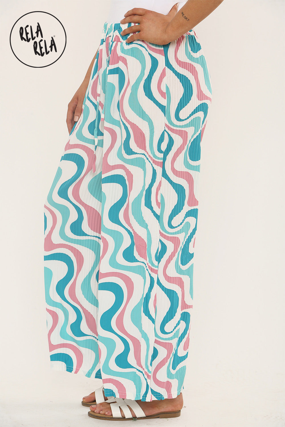 Printed Palazzo Trousers Plisse Baggy Flared Wide Leg Full Length Trousers in Turquoise