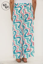 Printed Palazzo Trousers Plisse Baggy Flared Wide Leg Full Length Trousers in Turquoise