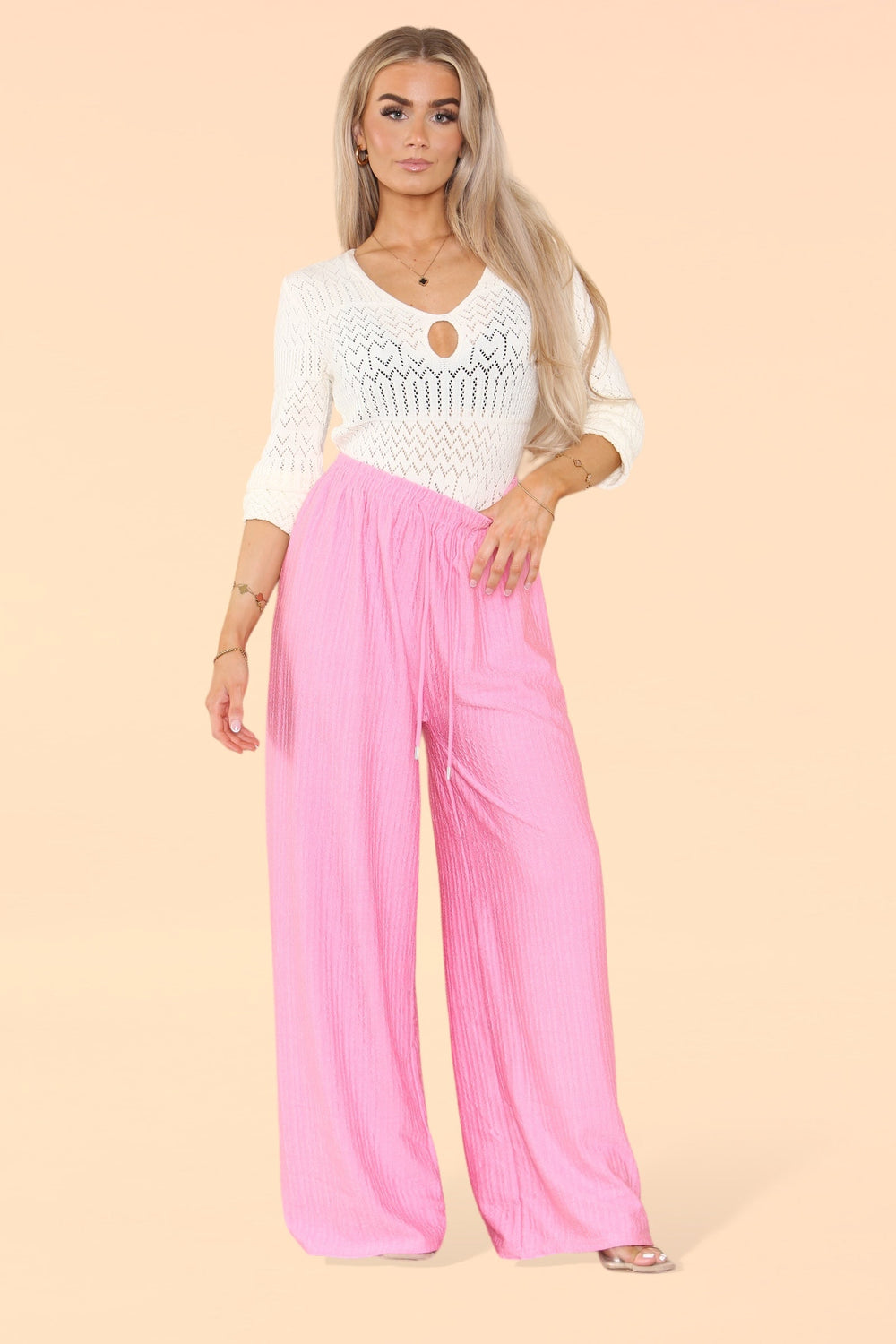 Wide Leg Elasticated Trousers with Soft Texture in Baby Pink
