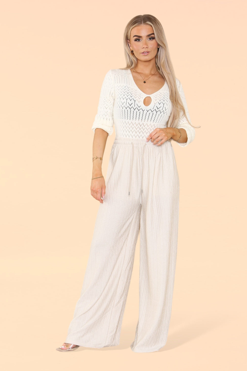 Wide Leg Elasticated Trousers with Soft Texture in Beige