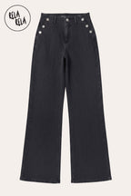 Tall Girl Friendly Button Detail Wide Leg Jeans in Charcoal