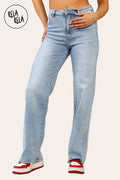 Viral Stretchy Straight Leg Jeans Soft Dad Fit in Blue
