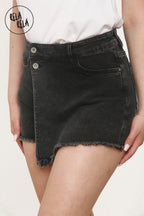 Asymmetric Wrap Stretchy Denim Skorts in Black