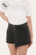 Asymmetric Wrap Stretchy Denim Skorts in Black