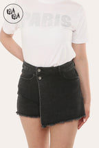 Asymmetric Wrap Stretchy Denim Skorts in Black
