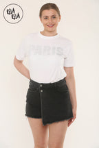 Asymmetric Wrap Stretchy Denim Skorts in Black