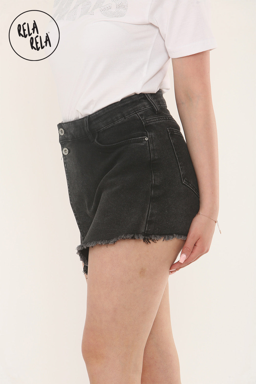 Asymmetric Wrap Stretchy Denim Skorts in Black