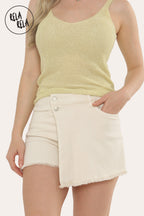 Asymmetric Wrap Stretchy Denim Skorts in Cream
