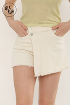 Asymmetric Wrap Stretchy Denim Skorts in Cream
