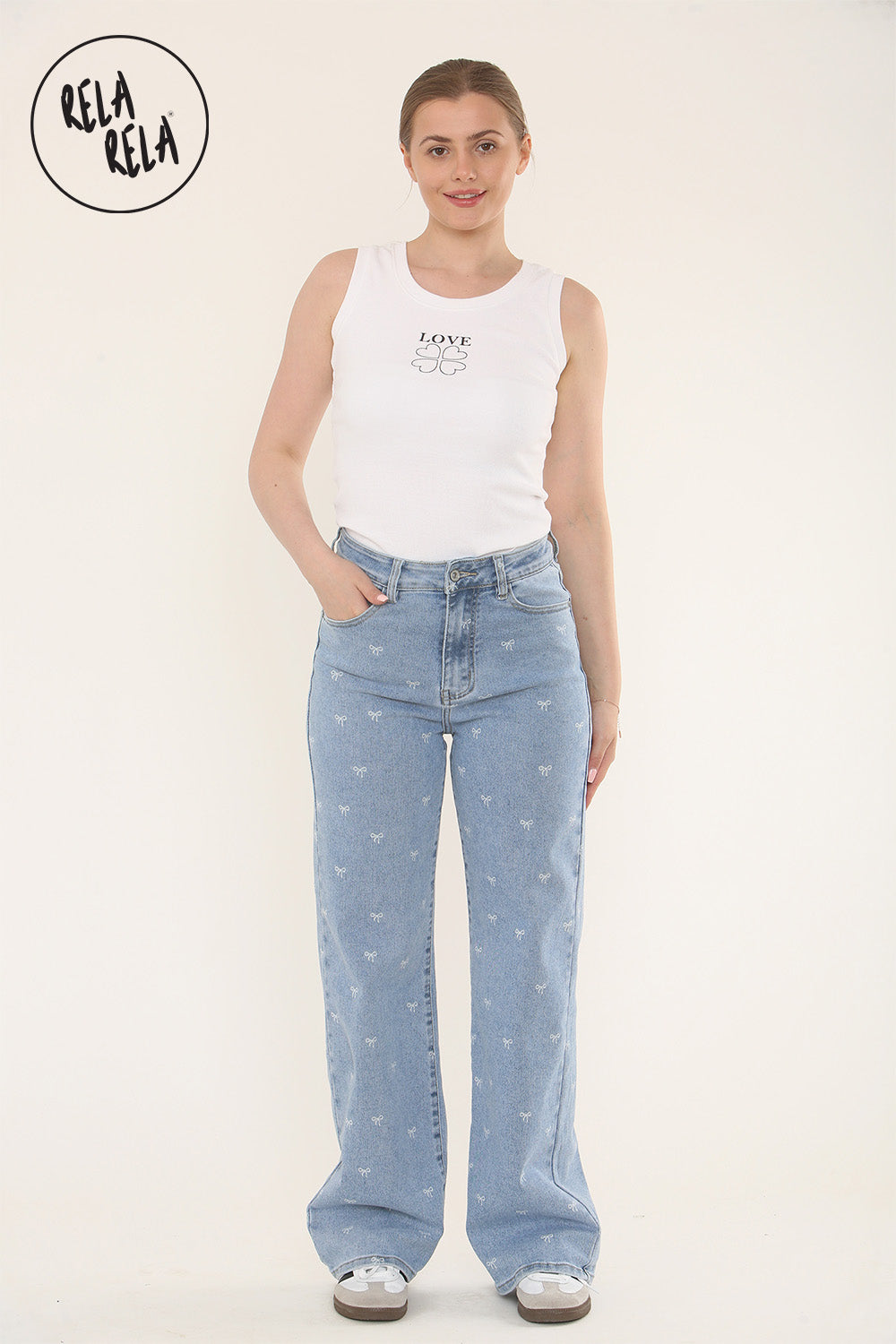 Stretchy Mini Bow Print Mid Rise Dad Fit Jeans