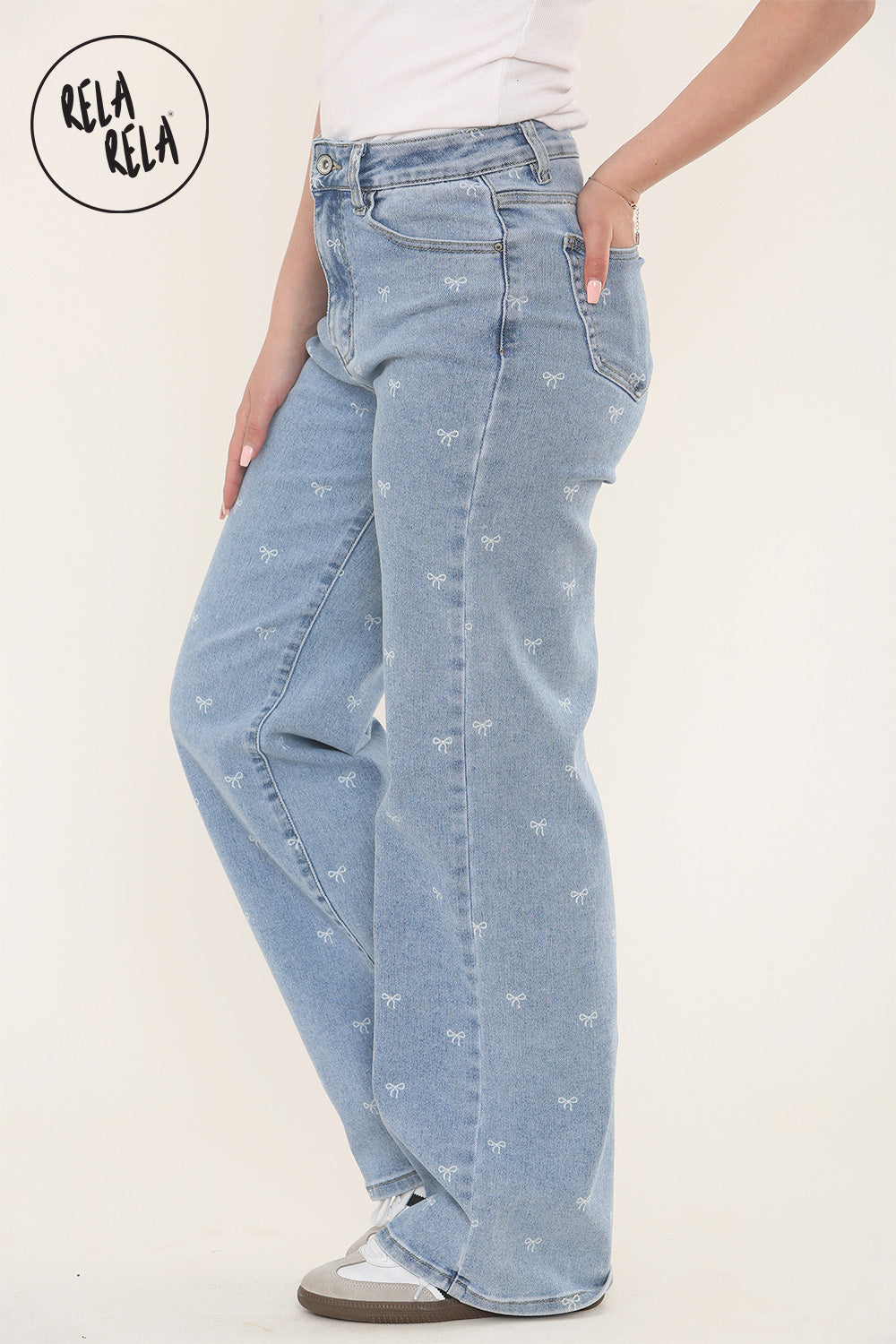 Stretchy Mini Bow Print Mid Rise Dad Fit Jeans