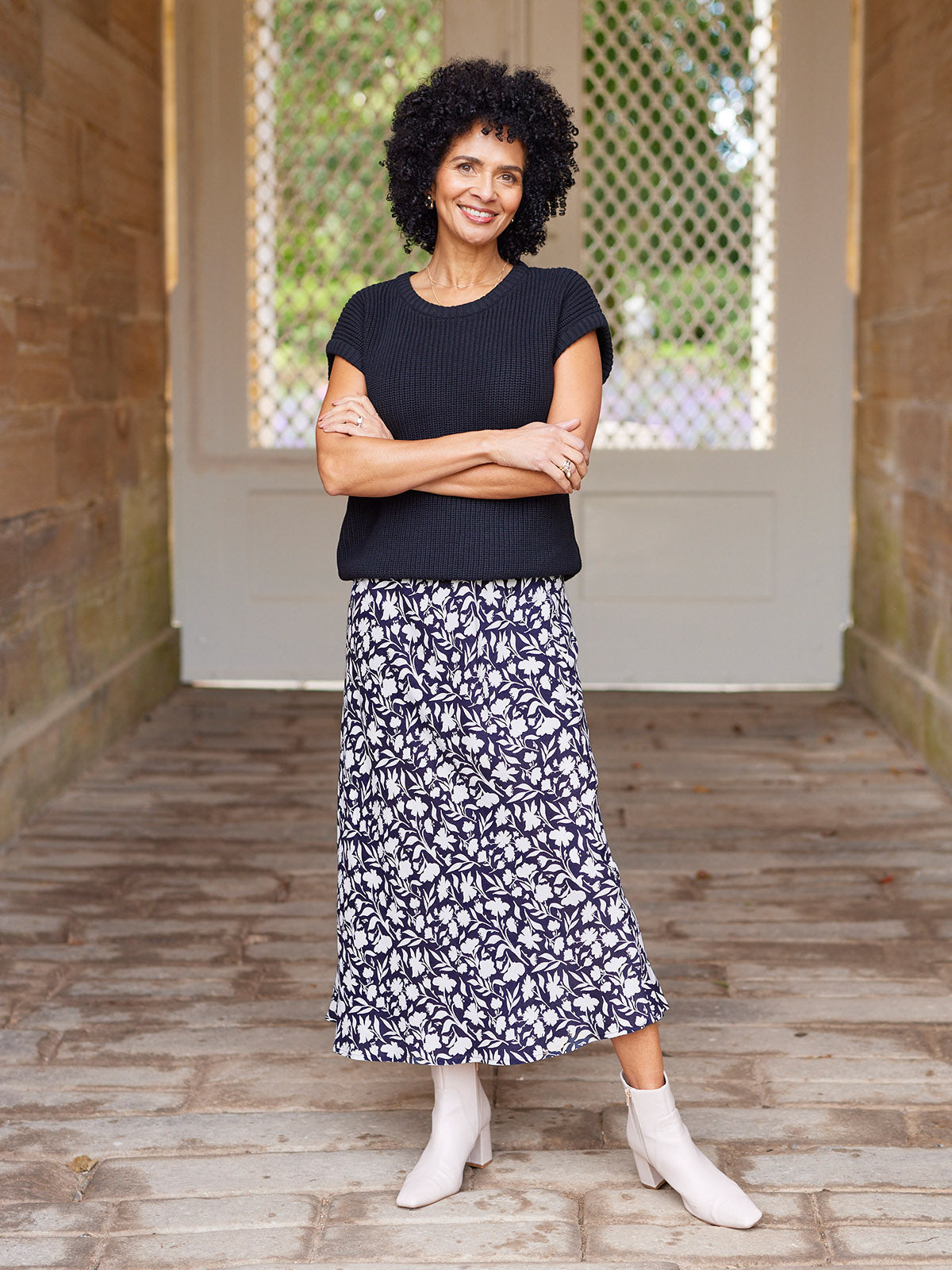 Isabelle Bias Cut Skirt - Monochrome Floral Print