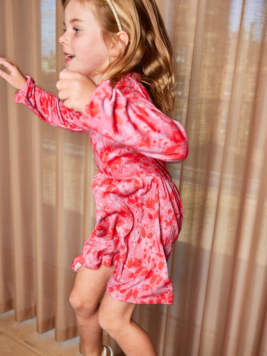 Izzy - Kids Long Sleeve Dress - Pink & Red Floral Print
