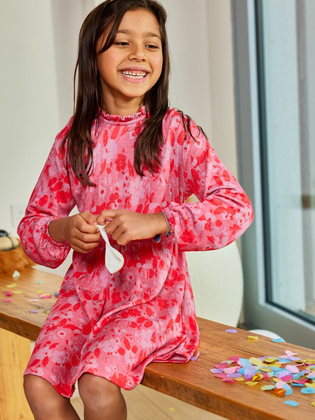 Izzy - Kids Long Sleeve Dress - Pink & Red Floral Print