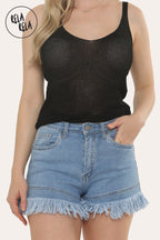 Stretchy Push Up Mid Waisted Frayed Hem Denim Shorts in Light Blue