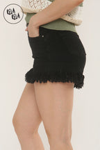 Stretchy Push Up Mid Waisted Frayed Hem Denim Shorts in Black