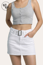 Belted Stretchy Denim Micro Mini Skirt in White