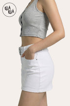 Belted Stretchy Denim Micro Mini Skirt in White